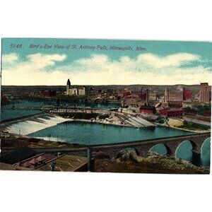 Vintage 1910s Birds-Eye View Postcard Of St. Anthony Falls Minneapolis Minn.